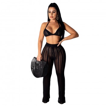 Adogirl 2019 Summer Fishnet Knitted Two Piece Set Women Sexy See Through Night Club Suits Bra Top Pants Casual Beach Outfits